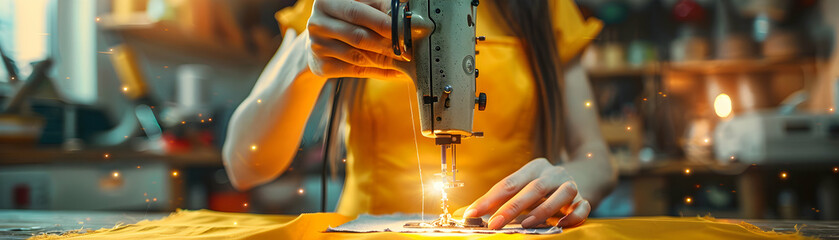 A woman showcasing creativity and skill while sewing clothes, capturing the satisfaction and joy in this photo realistic concept of practical hobby and craftsmanship.