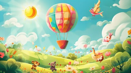 Fototapeta premium A colorful hot air balloon is flying over a field with a group of animals, including a bear and a bird