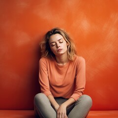 Coral background sad european white Woman realistic person portrait of young beautiful bad mood expression Woman Isolated on Background depression anxiety fear burn out health issue problem mental 