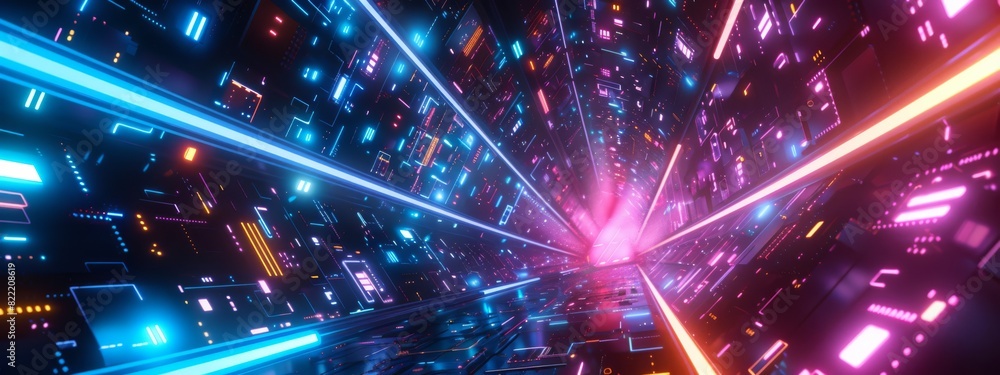 Poster a sleek, futuristic background with abstract technology patterns and neon lights.