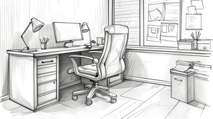 Detailed sketch of a home office featuring a comfortable chair, desk with multiple monitors, and ample natural light.