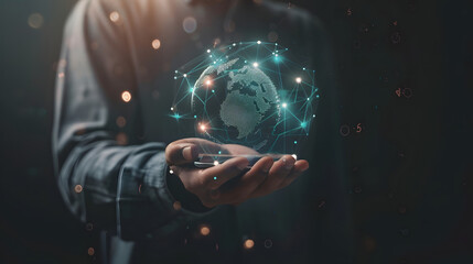 Fototapeta premium Person holding smart phone with glowing globe, suitable for global communication, technology, social media, worldwide connectivity concepts in design projects.