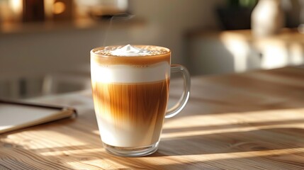 A cozy, inviting image capturing a hot latte with distinct layers, creating a calming aesthetic on a wooden surface with soft sunlight