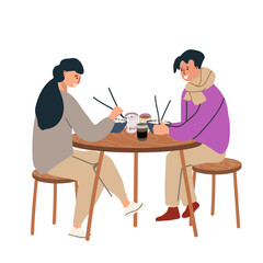 Happy man and woman, couple eating national food, outdoors, fast food, Chinese food, Vietnamese food, sitting at table, vector flat illustration.