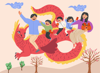 Characters cute family riding dragon with red envelopes, Chinese New Year concept, illustration in warm hand drawn design, Luck, Happy Lunar New Year. Vector illustration, hand drawn banner.