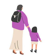 little kid holding hand with mother and go together, back view.   Vector illustration isolated on white background.