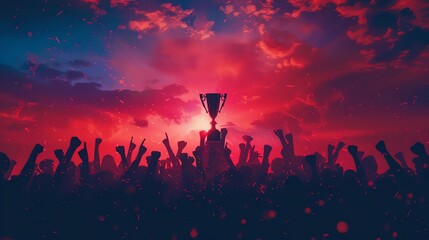 Award ceremony with trophy, focus on detail, copy space on the right, striking and clear colors, Double shot silhouette with cheering crowd