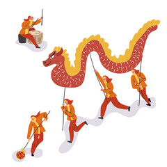 Chinese New Year dragon dance. Spring festival celebration. Happy people celebrating lunar holiday at festive street performance, parade in China. Flat vector illustration isolated on white background