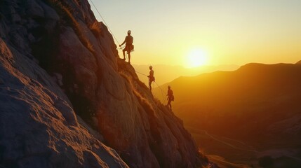 Landscape of people rock climbing and mountains at sunrise with long ropes