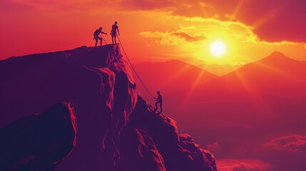 Fototapeta premium Graphic scenery of three men climbing a mountain rock at sunrise with a long rope