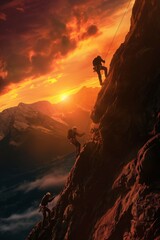 Fototapeta premium Landscape of people rock climbing and mountains at sunrise with long ropes