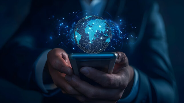 Man in a suit holding a cell phone with a glowing globe suitable for global communication concepts, technology, business, and networking designs.