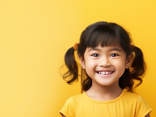 Gold background Happy Asian child Portrait of young beautiful Smiling child good mood Isolated on backdrop ethnic diversity equality acceptance concept with copyspace 