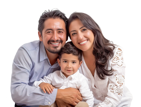Mexican family portrait with mother, father and little boy. Isolated over transparent background