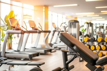 Fototapeta premium Modern Gym with Treadmills, Weights, and Adjustable Bench