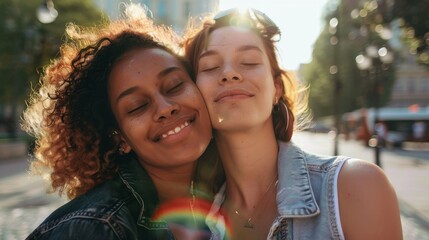 Joyful Young Lesbian Couple Outdoors, Celebrating Love and LGBTQ Identity in Urban Setting