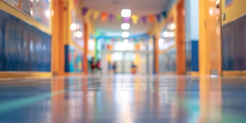 Blurred background of the corridor in an elementary school, with colorful decorations and bright lights.