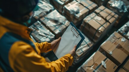 Worker's hand holds clipboard, checking checklist