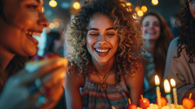 High-quality image of a diverse group of friends celebrating a birthday at a cafe