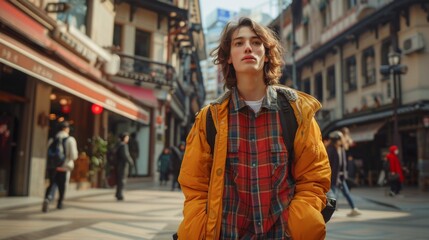 Fototapeta premium High-quality image of a non-binary person confidently striding through a bustling city square