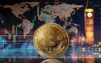 A golden bitcoin coin with stock market chart and city background