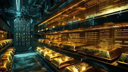 High-quality image of a secure vault with gold bars and market data overlays