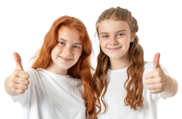 Two red hair girls wearing white t-shirts and doing thumbs up. Portrait over isolated transparent background