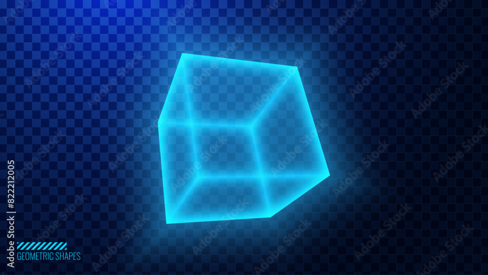 Aufkleber Glowing Blue Neon 3D Cube. Futuristic Box Cage. Digital Blockchain Concept. Cube On Transparent Background. Vector Illustration. Artificial Intelligence HUD Design Element. Digital Technology.