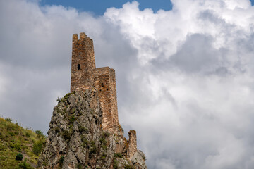 The complex of Ingush defense watchtowers Vovnushki. Guloikhi gorge. The Republic of Ingushetia....