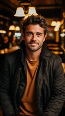 Obraz premium A man wearing a black jacket is seated