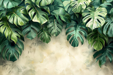 Realistic illustration of monstera big leaves with copy space for advertisement or text