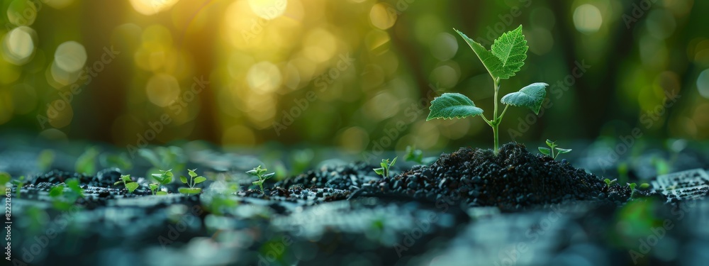 Wall mural a stack of financial documents and green bonds, with a small plant growing from the top. background 