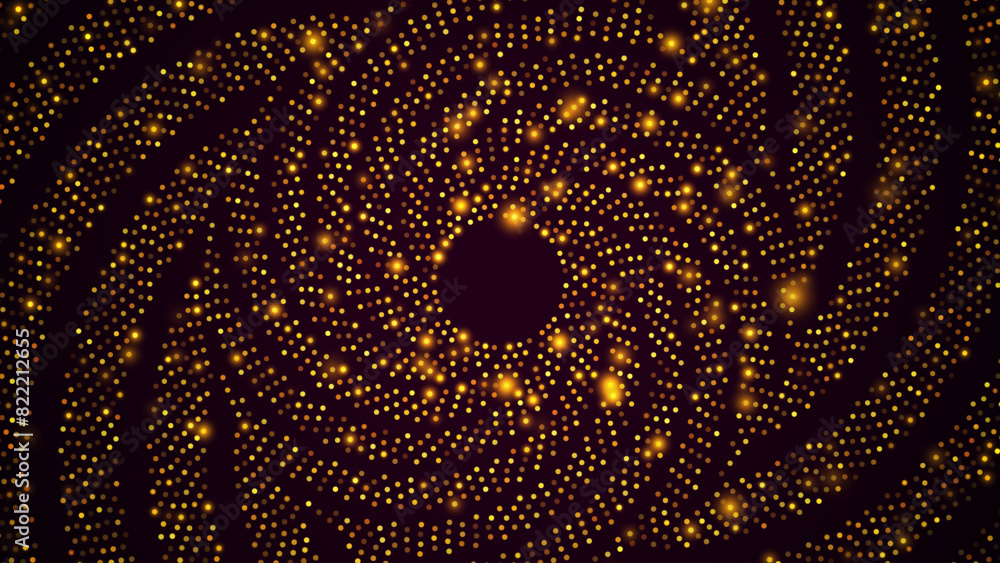 Poster abstract golden glittering halftone circles. festive disco party flyer round frame for graphic desig