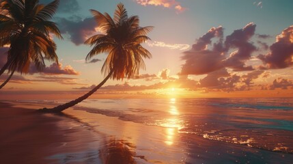 Palm trees leaning over the ocean during sunset.