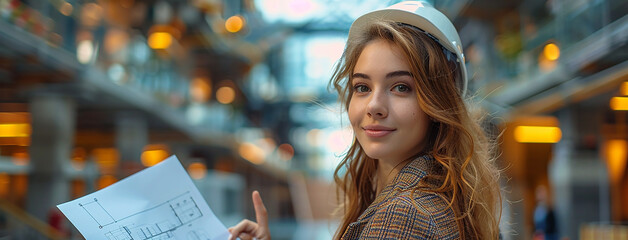 wide photo of a lady engineer wearing a white hardhat and looking at camera, holding blue print of architect drawings in hand and inspecting at a site with cute smile