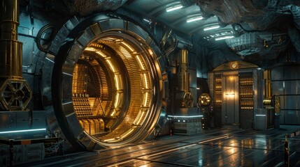 High-quality image of a treasury vault with gold bars and advanced security measures