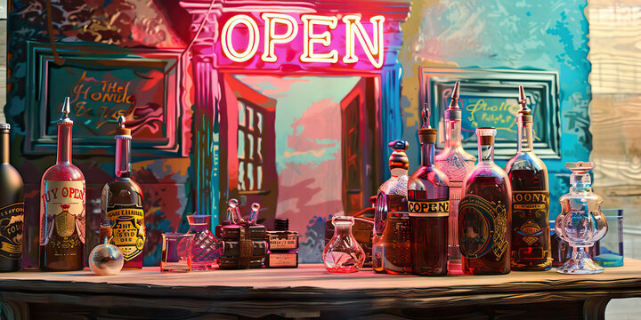 The Honky-Tonk Saloon: A playful desk with a vintage saloon theme, complete with a painted backdrop of a swinging saloon door and a neon "OPEN" sign. It features a collection of antique bottles and gl