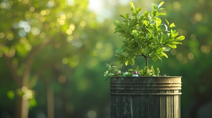 Green plant thriving in a cylindrical black pot, embellished with small flowers and leaves, under the glow of soft sunlight.