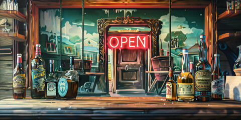 The Honky-Tonk Saloon: A playful desk with a vintage saloon theme, complete with a painted backdrop of a swinging saloon door and a neon "OPEN" sign. It features a collection of antique bottles and gl