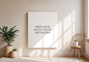 Frame Interior Canvas Wall Art Poster Room Mockup Template with Generative AI