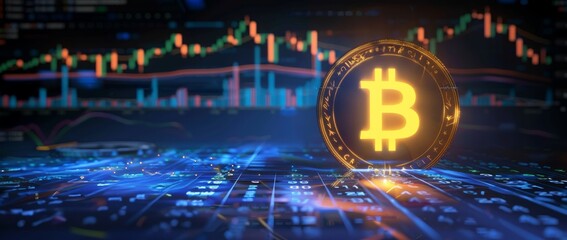 Fototapeta premium A digital glowing Bitcoin an abstract digital stock market graph blurred background