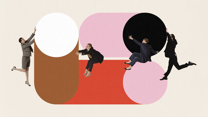 Contemporary art collage. Young workers interacting together for collaboration and strategic...