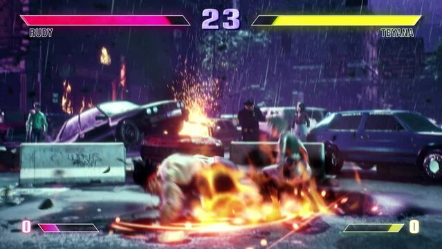 Gaming Fighters Use Powerful Strikes To Win Battle Match At City Street. Fighter Victorious In Gaming Battle Round. Martial Arts Fighters. Gaming Concept Animation. Battle Simulator