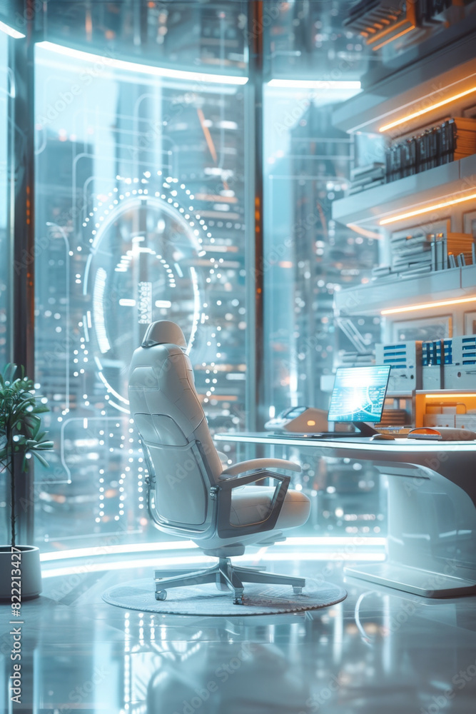 Poster digital transformation in an office setting with holographic interfaces.