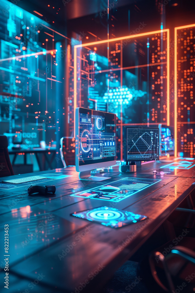 Aufkleber experience cutting-edge digital interfaces in a futuristic office setting with holographic displays.