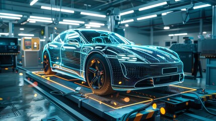 Fototapeta premium High-quality image of an EV car undergoing a full diagnostic scan in a service bay