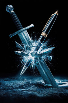 the pen is mightier than the sword concept art. Pen shattering a sword into pieces. Pen breaking the blade. Based off Edward Bulwer-Lytton 1839 play 'Richelieu; Or the Conspiracy.'