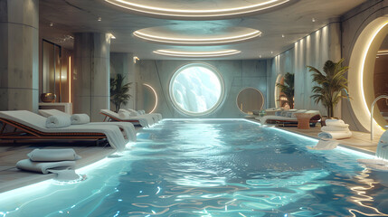 Obraz premium Futuristic resort with smart water therapy pools: blending technology and relaxation