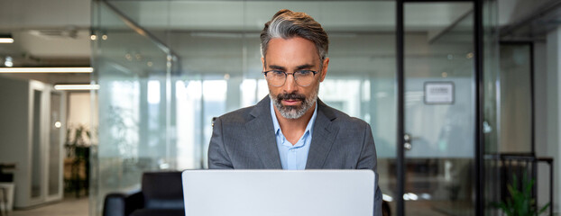 Focused mature European business man ceo trader using computer, working in modern office, doing online data market analysis, thinking planning tech strategy looking at laptop. Banner with copy space