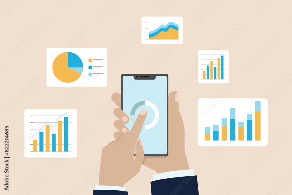 Poster business data analytics design concept, web report graph dashboard monitor, flat vector illustration